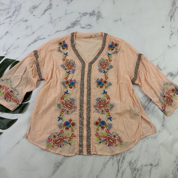 Soft Surroundings Tops - Soft Surroundings Embroidered Blouse Top Size M Orange Blue Beaded Boho Floral